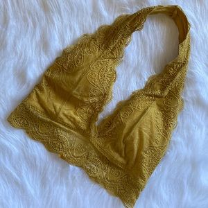 Zenana Outfitters mustard yellow lace halter bra bralette size L